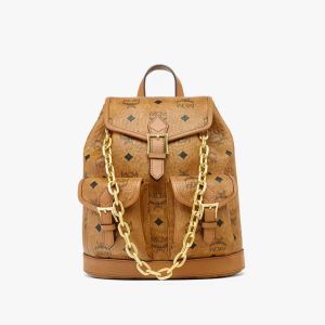 MCM Mini Aren Drawstring Backpack with Chain Handle In Visetos Brown